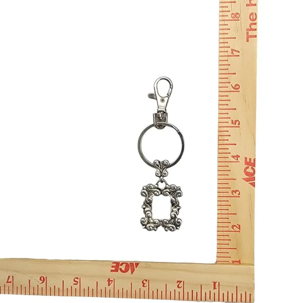 Vintage Ornate Mini Picture Frame Keychain Silver Tone Baroque Charm Key Ring